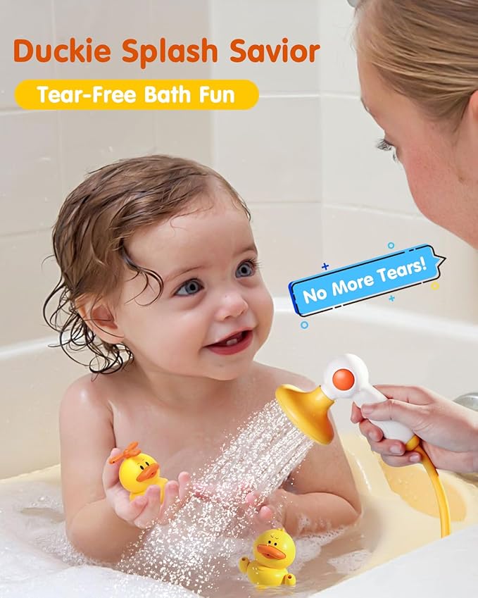 Duckie Baby Bath Toys for Kids Ages 1-3, Baby Shower Head for Bathtub with Three Squirting Ducks, Birthday Gift for Toddler Boys Girls