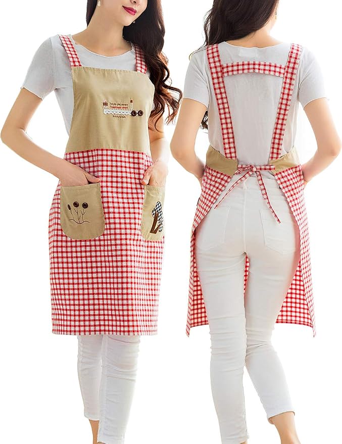 NEWGEM 100% Cotton Patchwork Apron with Pockets - Aesthetic H-Back Gingham Smock for Painting, Gift for Wife Mom (Red/White Cat)