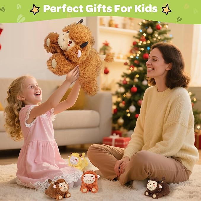 KMUYSL Highland Cow Stuffed Animal for Girls Ages 3 4 5 6 7 8+ Years Old, Mommy Cow Animals Plush Toys with 4 Baby Calves, Soft Animal Stuffed Toys Set, Christmas Birthday Gifts for Kids Girls