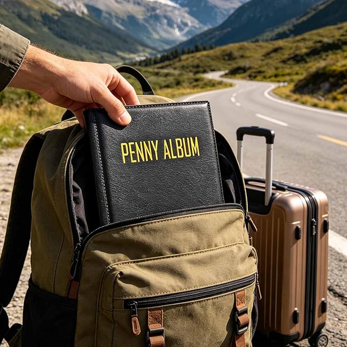 192-Pocket Penny Album, Compact Pressed Penny Collector Book, Durable Black Faux Leather Penny Holder for Travel Collection