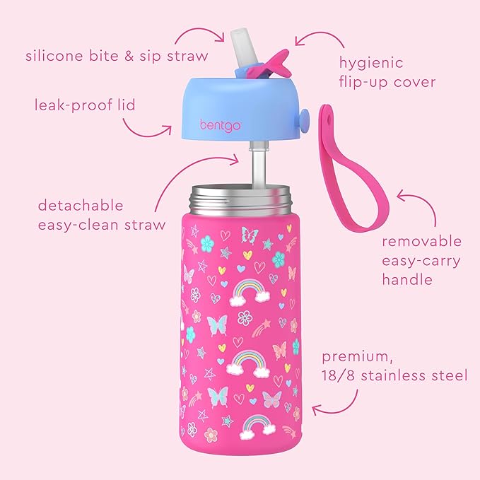 Bentgo® Kids Stainless Steel Insulated Water Bottle - Leak-Proof; Keeps Cool for 12 Hours; Durable, BPA-Free, Dishwasher Safe 14 oz. Cup for Ages 3+ for School/Sports/Daycare (Rainbows & Butterflies)