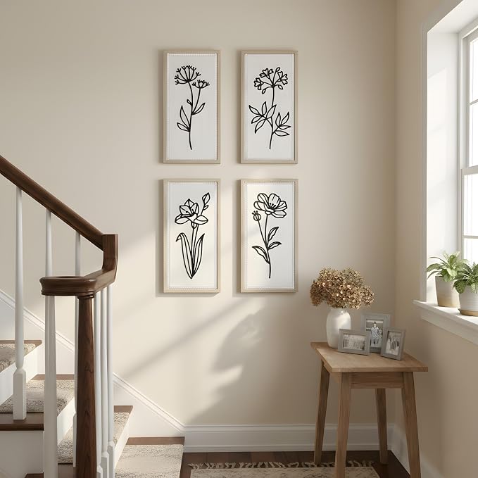 White Floral Bathroom Wall Decor Set of 4, Wood-Framed 3D Gallery Wall Art | Raised floral cutouts in rectangular frames, ready to hang; neutral boho farmhouse gallery decor for bedrooms and hallways