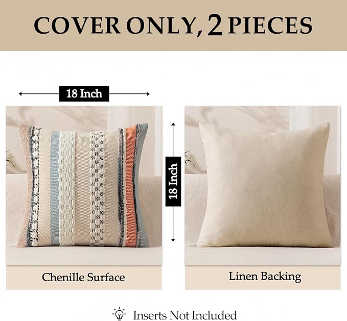 ANRODUO Boho Decorative Pillow Covers 18x18 Orange-Blue Stripe Pack of 2 | Throw Pillow Covers, Farmhouse Cushion Case, Chenille Pillow Cases, Pillow Covers, Accent Neutral Pillowcase for Sofa Couch