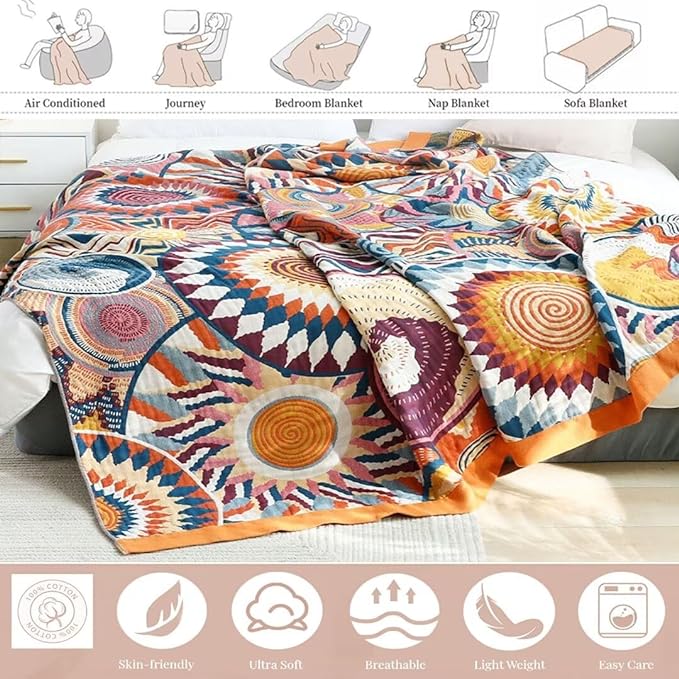 Boho Throw Blanket for Bed 100% Cotton Bohemian Blankets Ultra Soft Woven Muslin Decorative Blankets All Seasons Vintage Quilt Knitted Blanket for Sofa Chair (Colorful, 60"x80")