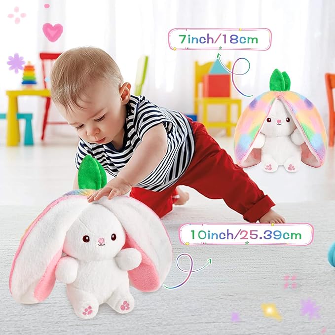 MIAODAM Strawberry Bunny Stuffed Animal, Iridescent & Strawberry Bunny Plush Turn Into Rabbit Fruit Doll, Plushies Funny Bunny Toy for Babies and Kids(10 inch)
