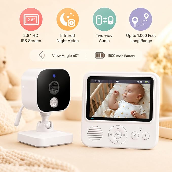 Baby Monitor with Camera and Audio, No WiFi Baby Monitor with 2.8" IPS Screen, 120-Hour Battery, 1000ft Long Range, 2-Way Talk, Cry and Feeding Reminder, Night Vision