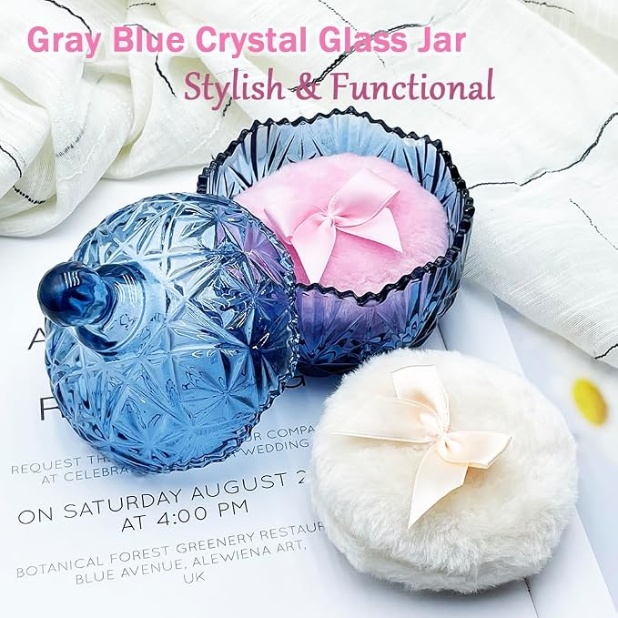 4" Glass Dusting Powder Container with 2 Fluffy Puffs,Cute 3.5" Soft Body Powder Puff and Jar Set(Crown-gray blue)