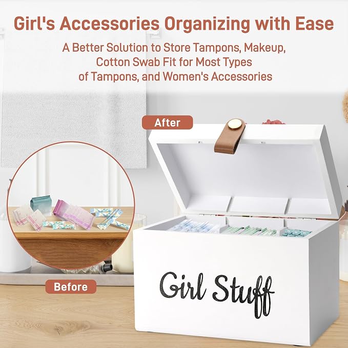 Wooden Girl Stuff Tampon Holder Box with Lid and Copper Leather Pull, Modern Bathroom Decorative Box for Feminine Product Storage and Accessories such as Tampons, Cotton Balls, Wipes, Gifts for Women