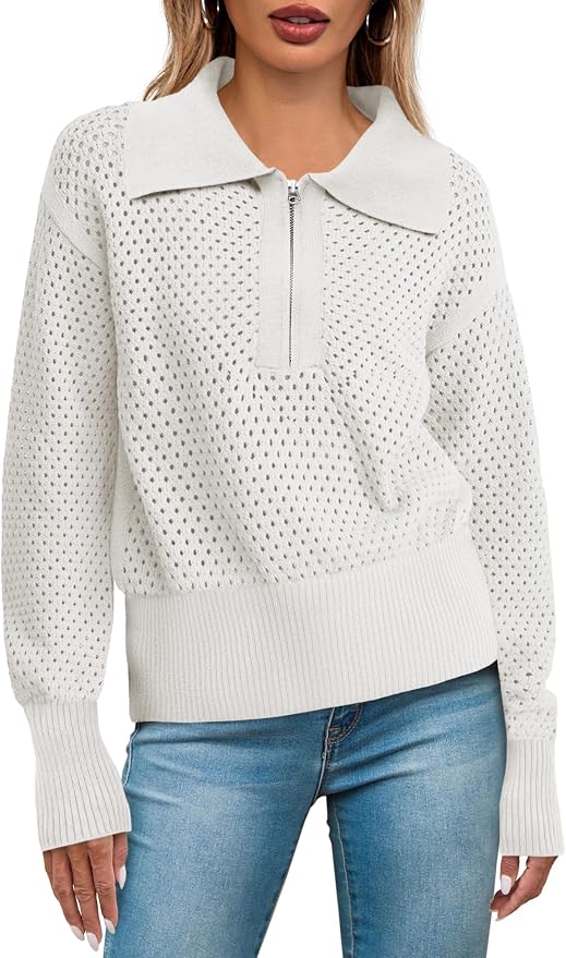 Doshoop Womens Summer Crochet Sweaters Long Sleeve Hollow Out Knit Half Zip Lapel Collar Pullover Tops