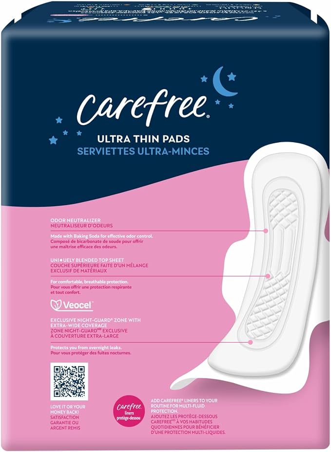 Carefree Ultra Thin Pads for Women, Overnight with Wings | Feminine Care & Postpartum Protection | 40ct (Pack of 1)