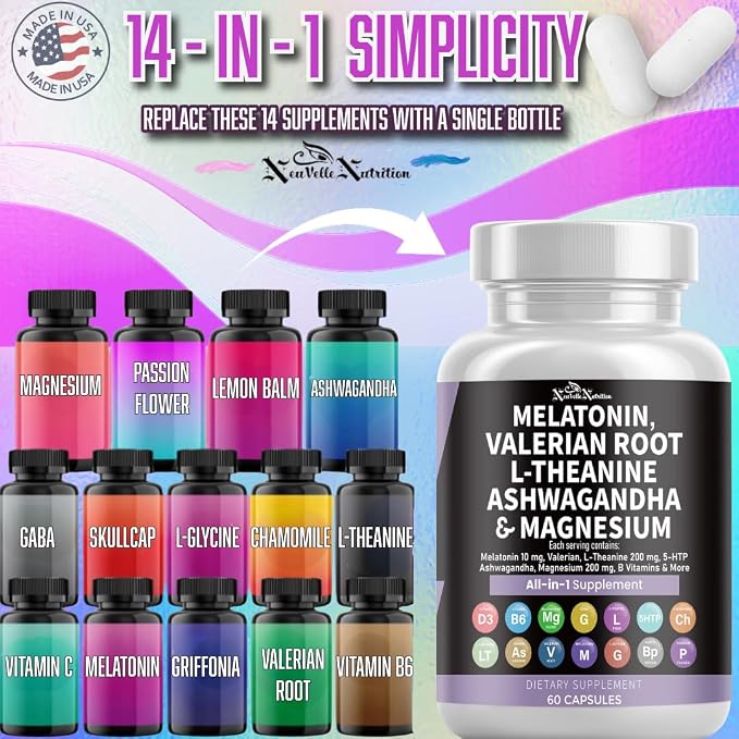 Melatonin Capsules with Valerian Root, Ashwagandha, L-Theanine, Magnesium, 5-HTP, GABA, Chamomile, Lemon Balm, Passion Flower, Griffonia Extract, Vitamin C & L-Glycine Supplement