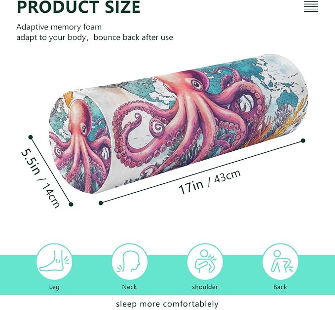 Octopus and Compass Neck Roll Pillow Bolster Round Health Memory Foam Long Cervical Cylinder Pillows with Removable Washable Cover for Body Bed Legs Back Yoga