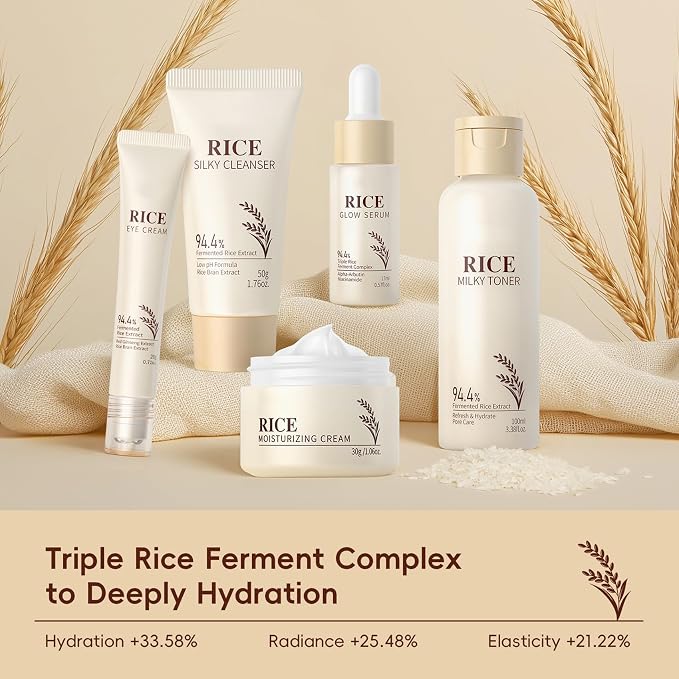 Korean Rice Radiance Skincare Set, 5 Piece Moisturizing Rice Skin Care | Silky Cleanser, Milky Toner, Glow Serum, Eye Cream, Moisturizing Cream