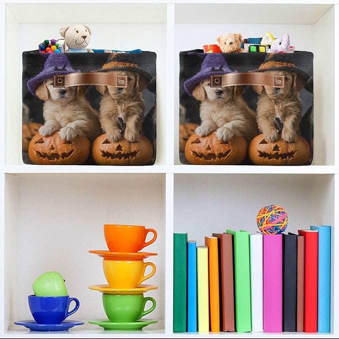 Aslsiy Storage Basket Puppies Witch Hat Pumpkin Halloween Nursery Bins Baby Box Canvas Clothes Shelf Basket Laundry Hampers 1 Pcs