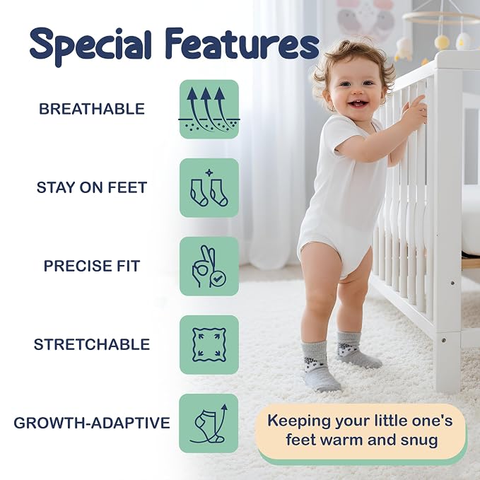 Mother's Choice Organic Cotton Baby Socks 6-12 Months - 12 pairs Unisex, Infant White Socks With Grips, Soft 12 Months Girls & Boy Sock, Play & Gap Baby Slipper Sock Girl Sock for Babies Registry