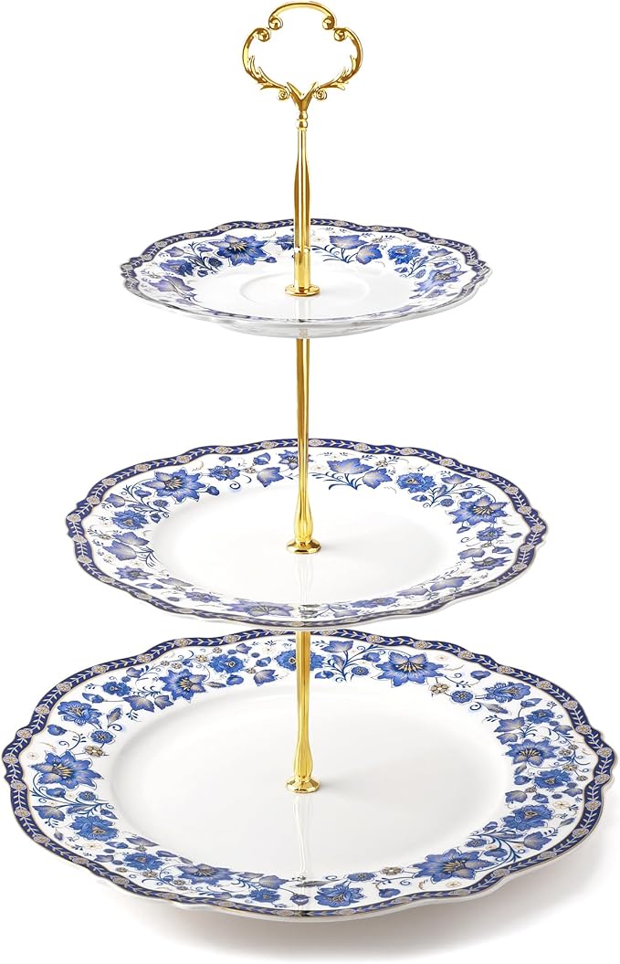 fanquare 3-Tier Blue British Porcelain Cupcake Stand, Elegant Floral Fruit Plate with Gold Trim, Dessert Stand for Birthday, Wedding, Tea Party