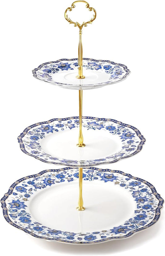 fanquare 3-Tier Blue British Porcelain Cupcake Stand, Elegant Floral Fruit Plate with Gold Trim, Dessert Stand for Birthday, Wedding, Tea Party