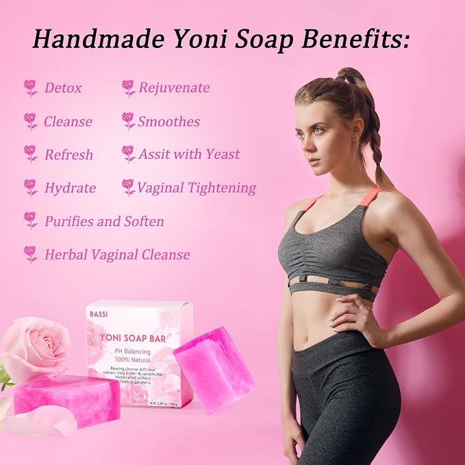 Yoni Soap Bars Feminine Wash 3 PCS, 100% Natural Organic Bar Soap for Women pH Balance, V Cleansing Soap for Daily Freshness & Odor Control, Handmade Rose Soap with Foaming Net 3.53 oz