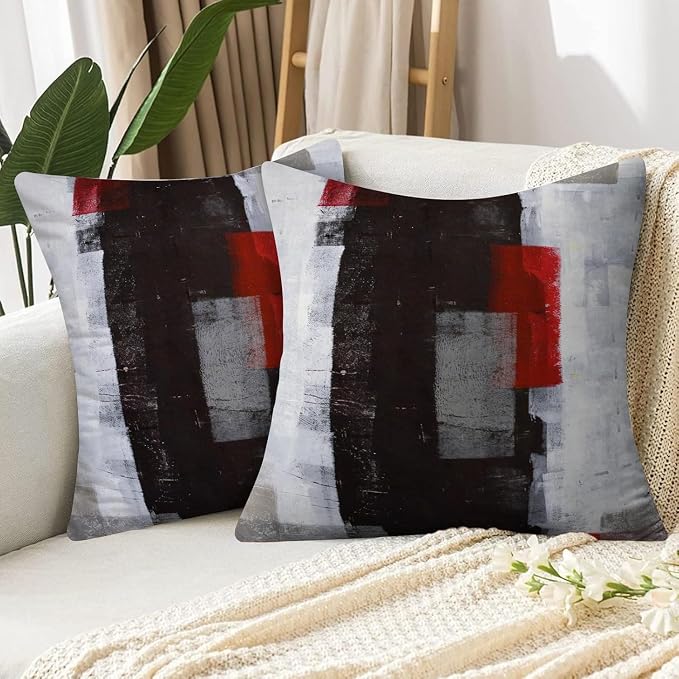 Throw Pillow Covers for Couch, 24x24 Inch, 2 Pack, Red Grey | Decorative Throw Pillow Covers Cushion Covers for Couch Bedroom Sofa Living Room