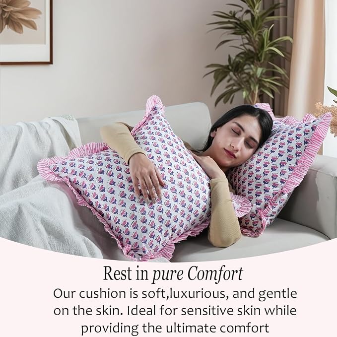 CPC Pink Sapphire Ruffle Throw Pillow Covers for Couch, 18x18 Inch Cotton Stripe Ruffle Couch Pillows for Living Room, Hidden 14 Inch Zipper Boho Pillow Case or Cute Outdoor Pillows