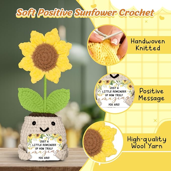 Sunflower Encouragement Gift – Handmade Crochet Plush with Positive Message - Crochet Sunflower Plush – You are Amazing Encouragement Gift