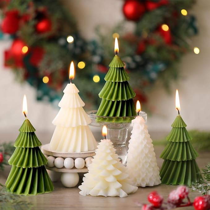 Conelist 6 Pcs Christmas Tree Candles Christmas Tree Shaped Taper Candles Decorative Xmas Wax Scented Candlesticks for Xmas Eve Winter Holiday Home Table Decoration Gift(White,Green,Classic Style)