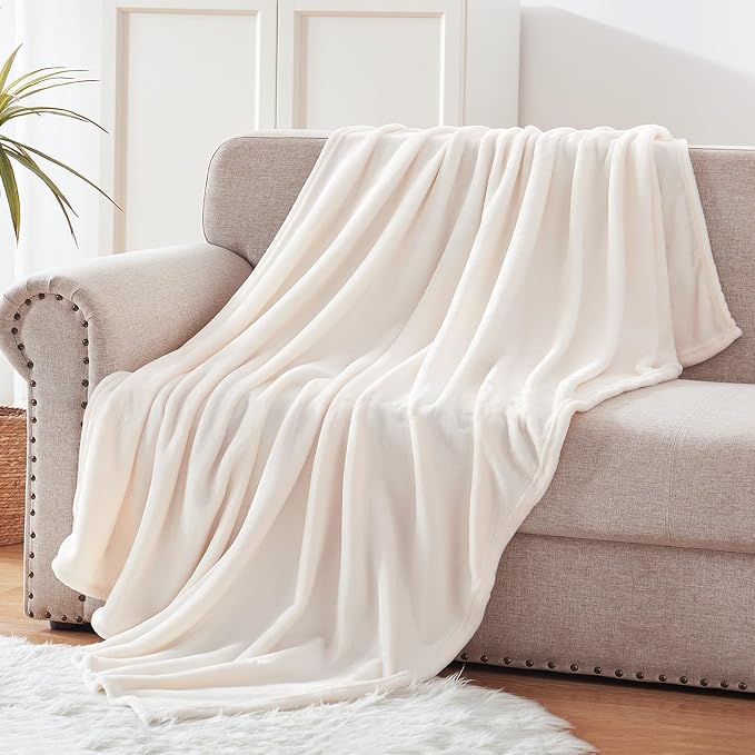 Exclusivo Mezcla Soft Fleece Throw Blanket for Couch, Ivory | 50x60 Inches, Double-Sided Brushed Flannel, Lightweight Plush Cozy Blanket for Home Decor, All Season, Machine Washable