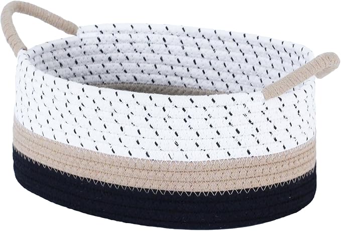 Yimi's Dream Woven Cotton Rope Gift Basket with Handles, Decorative Storage | White Brown Black Basket for Christmas, Housewarming, Nursery, Toys, Baby Laundry, Towels, Gifts( Oval 12 x 8 x 5 in)