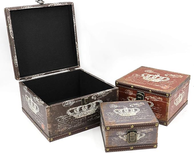 Jolitac Wood Storage Box Set of 3, Vintage Decorative Nesting Boxes Wooden Treasure Storage Crates With Latch, Home Decor Rustic Antique Boxes With Lid for Photos, Jewelry, Cash (Crown)