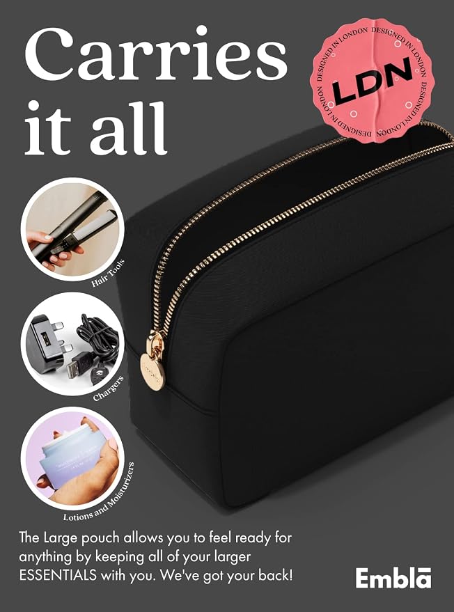 Embla Large Makeup Bag and Waterproof Nylon Travel Toiletry Bag, Large Capacity Cosmetic Zipper Pouch, Black