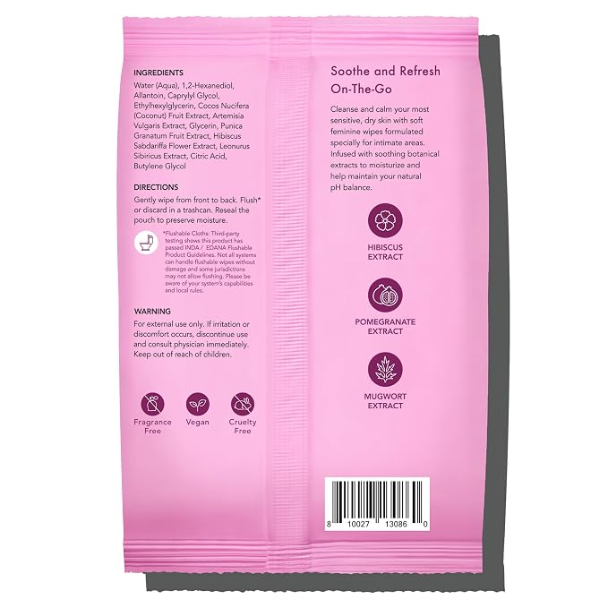 Rael Feminine Wipes, Flushable, Travel Size, All Skin Types, Daily Use (Soothing, 30 Count Pack of 3)