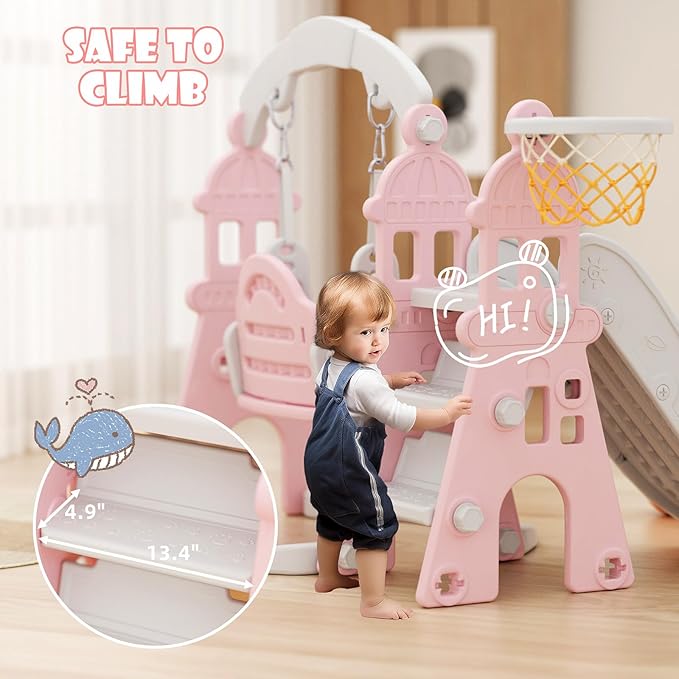 XJD 4-in-1 Toddler Slide and Swing Set, Kids Slide for Toddlers Age 1+, Toddler Outdoor Playset with Basketball Hoop, Swing, Outdoor Indoor Playground for Toddlers 1-3 (Pink)