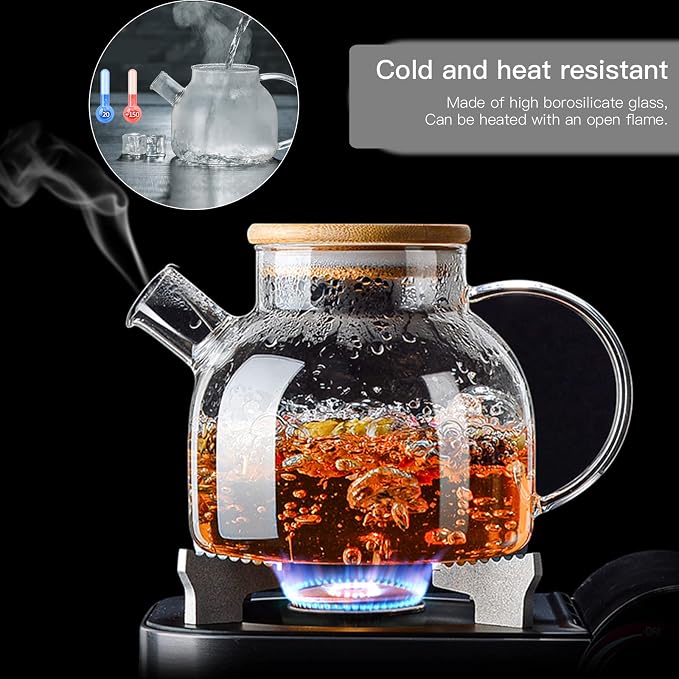 Glass Teapot 50.7oz/1500ml, Stovetop & Microwave Safe Borosilicate Tea Pot,Clear Teapot with Strainer, Glass Tea Kettle with Wooden Lid for Loose Leaf、Fruit Tea and Fragrant Tea