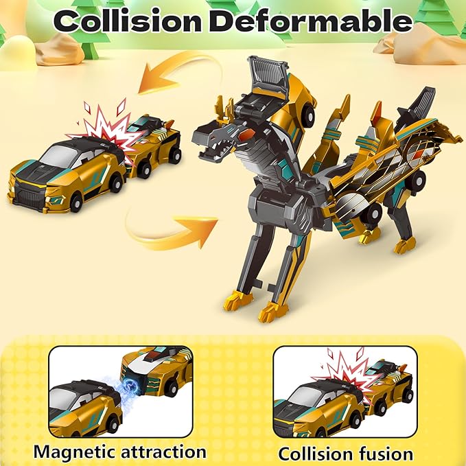 Collision Transforming Dinosaur Car Toy, 2 Magnetic Cars Transform into Dinosaur Toys for Kids Toddler Fun Deformation Robot Dino Car Christmas Birthday Gift Toys for Boys Girl(Golden Dragon)