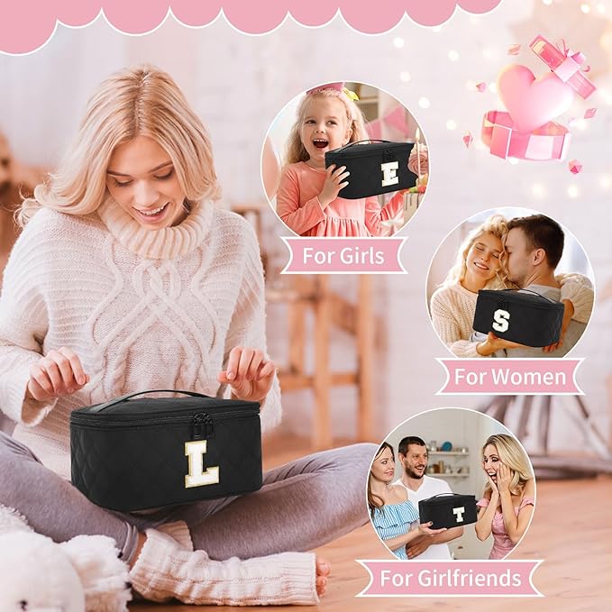 OCHEAL Makeup Bag Valentines Day Gifts for Women, Monogram Cosmetic Bag Black Travel Makeup Case Beauty Toiletry Bag Organizer Personalized Gifts for Girls Bridesmaid, Sister, Wife, Friends Initial L