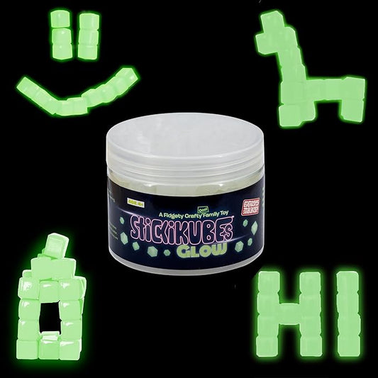 KOMARC GAMES StickiKubes, Mini Stacking Cubes That Stick to Anything, Non Toxic Kid Safe Sticky Blocks, Creative Construction Toy - 125 Cubes, Glow in The Dark, Tub