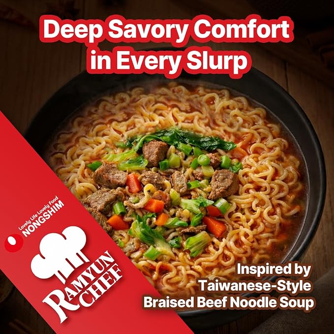 Nongshim Ramyun Chef, Instant Ramyun Noodles with Soup Mix, Braised Beef, 4.02 Oz (Pack of 4)