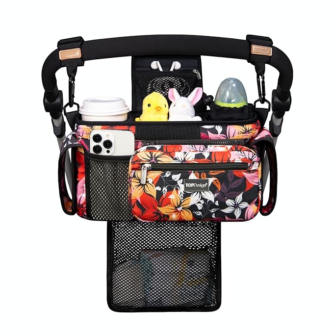 TOPDesign Universal Baby Stroller Organizer, Stroller Caddy with Detachable Mesh Bag & Heightened Insulated Cup Holders & Non-Slip Secure Hooks Accessories, Fits Most Strollers (Five Petal Flower)