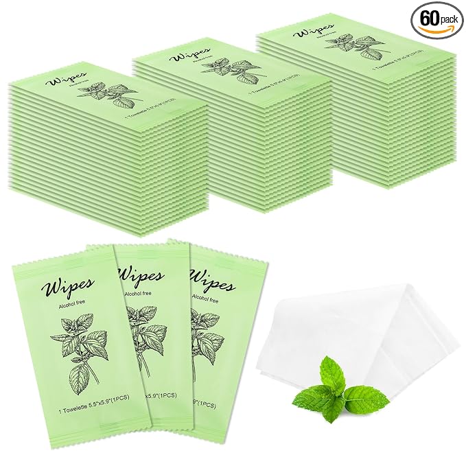 Individual Hand Wipes Wet Wipes Travel Size,Wet Wipes Individually Wrapped | 60PCS Bulk Cleansing Travel Size Wipes for Wedding Travel Restaurant Barbecue(Mint)