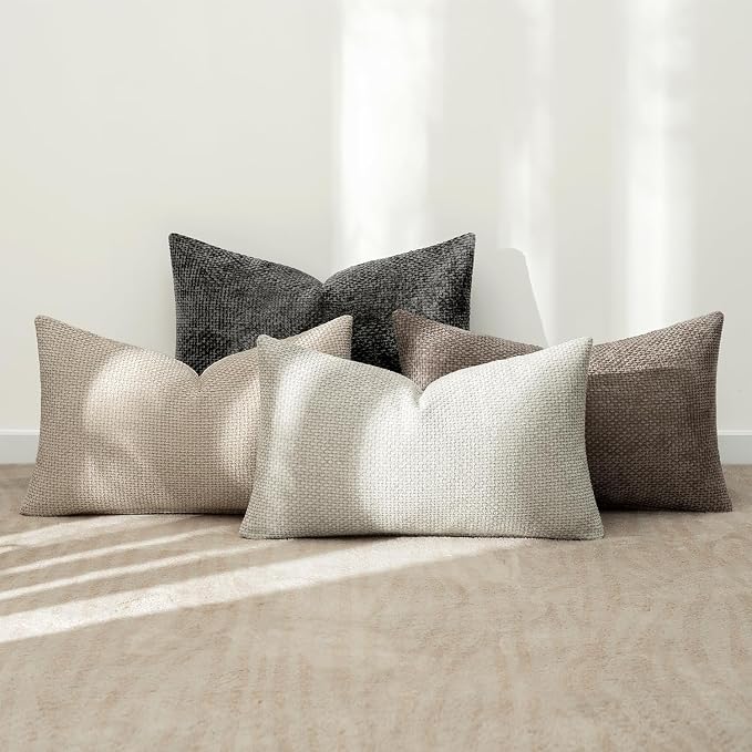 MIULEE Decorative Chenille Lumbar Pillow Covers Neutral 12x20 Pack of 4 | Mid Century Modern Decor, Cream to Charcoal Set, Couch Throw Pillows, Farmhouse Boho Cushion Covers for Sofa Bed Living Room