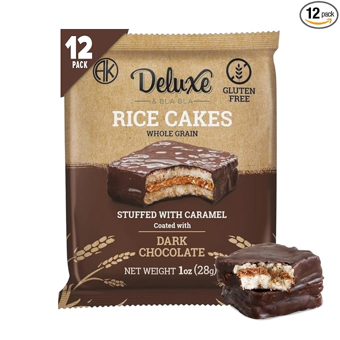 Deluxe & Bla Bla Stuffed Rice Cakes - Whole Grain Chocolate Rice Cake,Gluten Free,Low Calorie,(Alfajor) Kosher Certified - Caramel Filled Rice Cakes coated with Dark Chocolate, 28g Each (12 Pack)