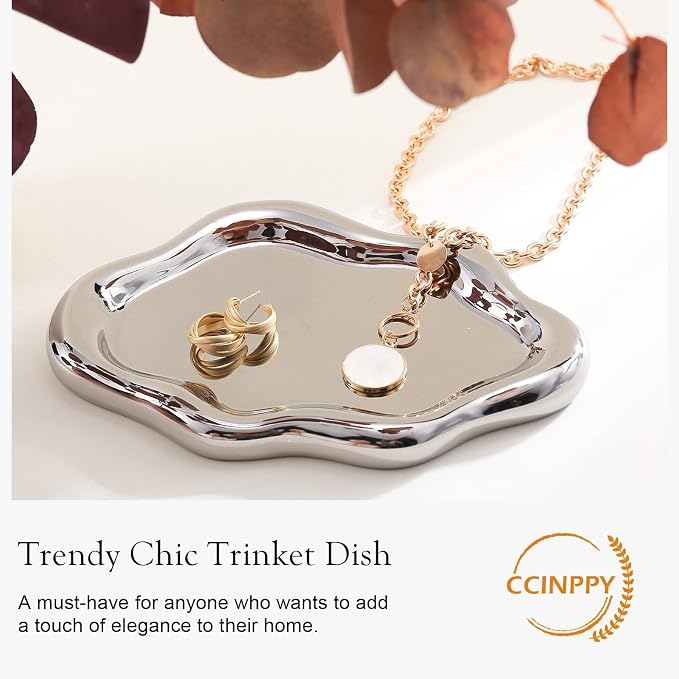 CCINPPY Ceramic Cloud Jewelry Tray Trinket Dish Key Bowl Nightstand Decor | Decorative Small Desk Tray Jewelry Plate Key Holder Bowl Cute Bedroom Room Decor Aesthetic, Gift for Women, Silver Medium