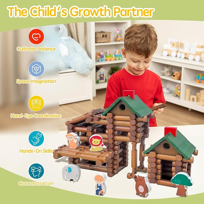 340 Pieces Wooden Log Cabin Ages 3+ Preschool Education Toy Building Log Gift for Boy/Girl Creative Construction Engineering Real Wood Logs (340PCS)