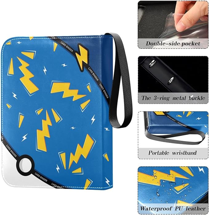 Blue Lightning Card Binder, 4 Pocket Trading Card Holder with 50 Removable Sleeves, Zipper Card Binder Fits 400 Cards, Collection Card Storage Case Album Book Gifts