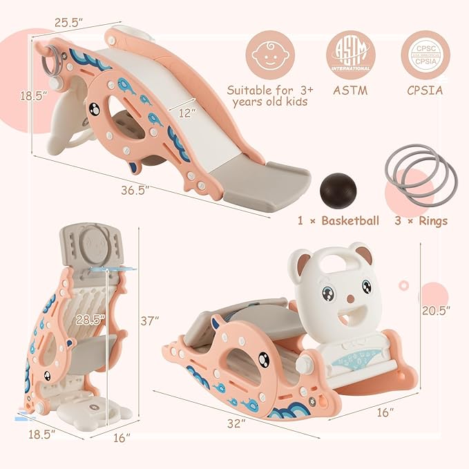 Costzon 4 in 1 Toddler Slide Rocking Toy, Slide for Kids with Basketball Hoop and Ring Game, Rocking Horse, Foldable Climber Playground Slide for Both Indoors Outdoor Use (Pink Ocean), YMHT1003