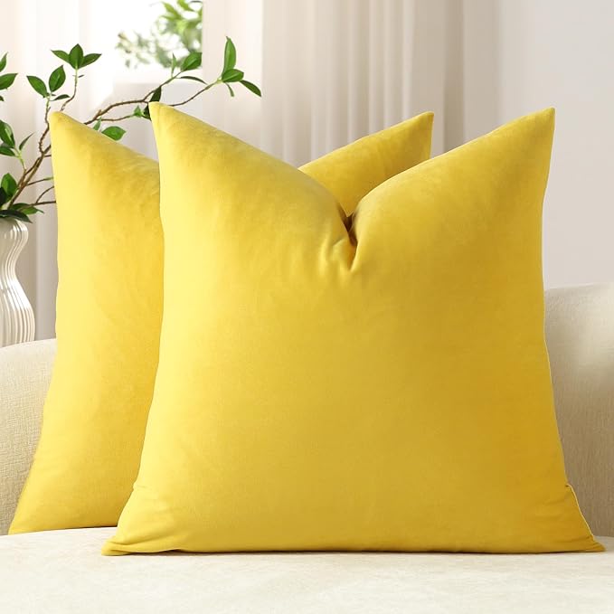 Euro Sham Covers 26x26 Yellow: Pack of 2 Cozy Soft Velvet Square Modern Luxury Decorative Throw Pillow Cases for Sofa Couch Living Room Bed Home Decor