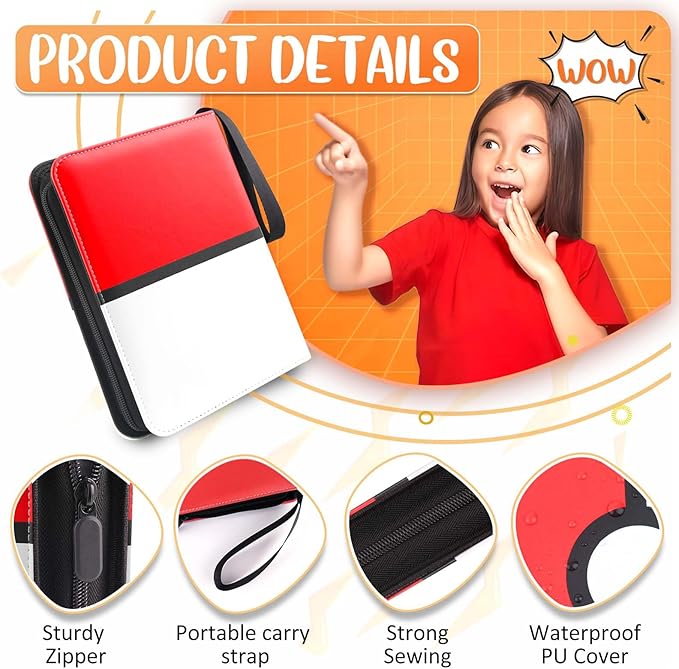 900 - Pockets Trading Card Binder with Removable 50 Sleeves, Card Collector Album with Zipper, Portable Card Holder Book Fits Sports Card, Game Card - Red