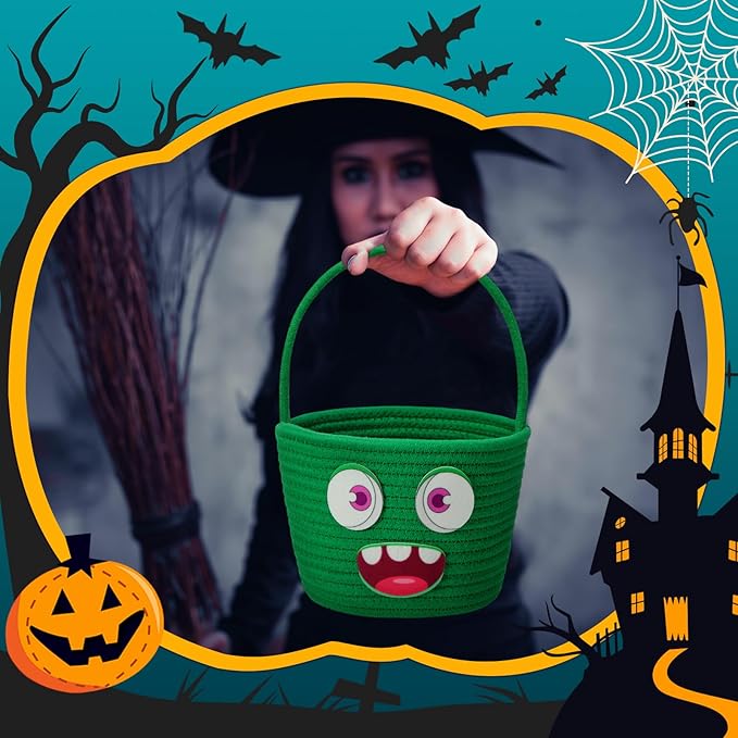 Halloween Basket with Handle Cute Bucket Cotton Rope Woven Candy Bag Pumpkin Witch Cat Pig Storage Basket for Halloween Party Favor(Green,Monsters)