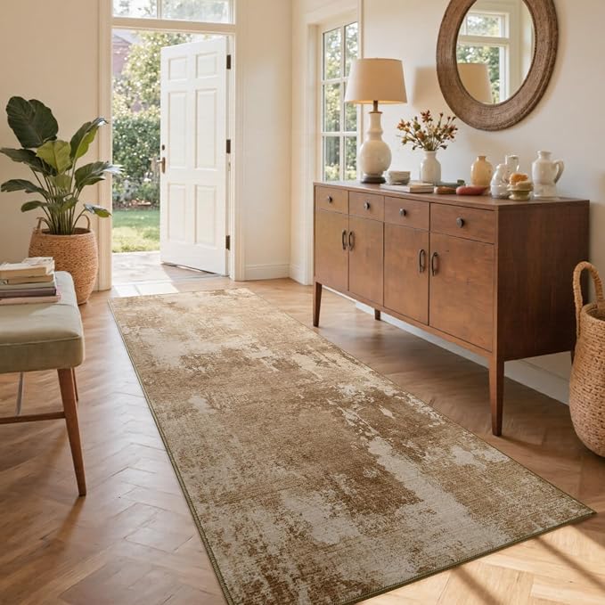 2x6 Ft Washable Runner Rug, Non-Slip Low Pile Hallway Kitchen Area Rug, Soft Long Entryway Floor Mat Abstract Pattern Carpet for Bedside & High-Traffic Areas (Brown)