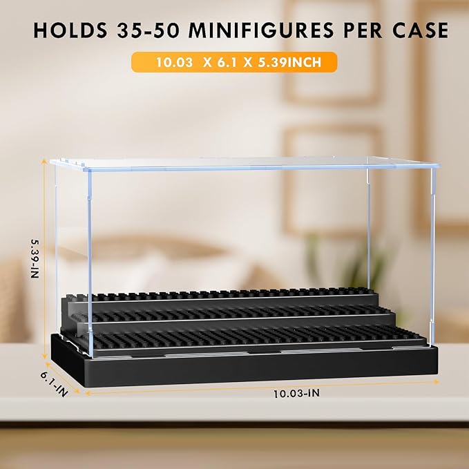 KKU Display Case for Minifigure Action Figures Blocks, Acrylic Minifigure Display Case Box Storage with 3 Movable Steps Gift for Kids Adults (Black, 1 Pack)